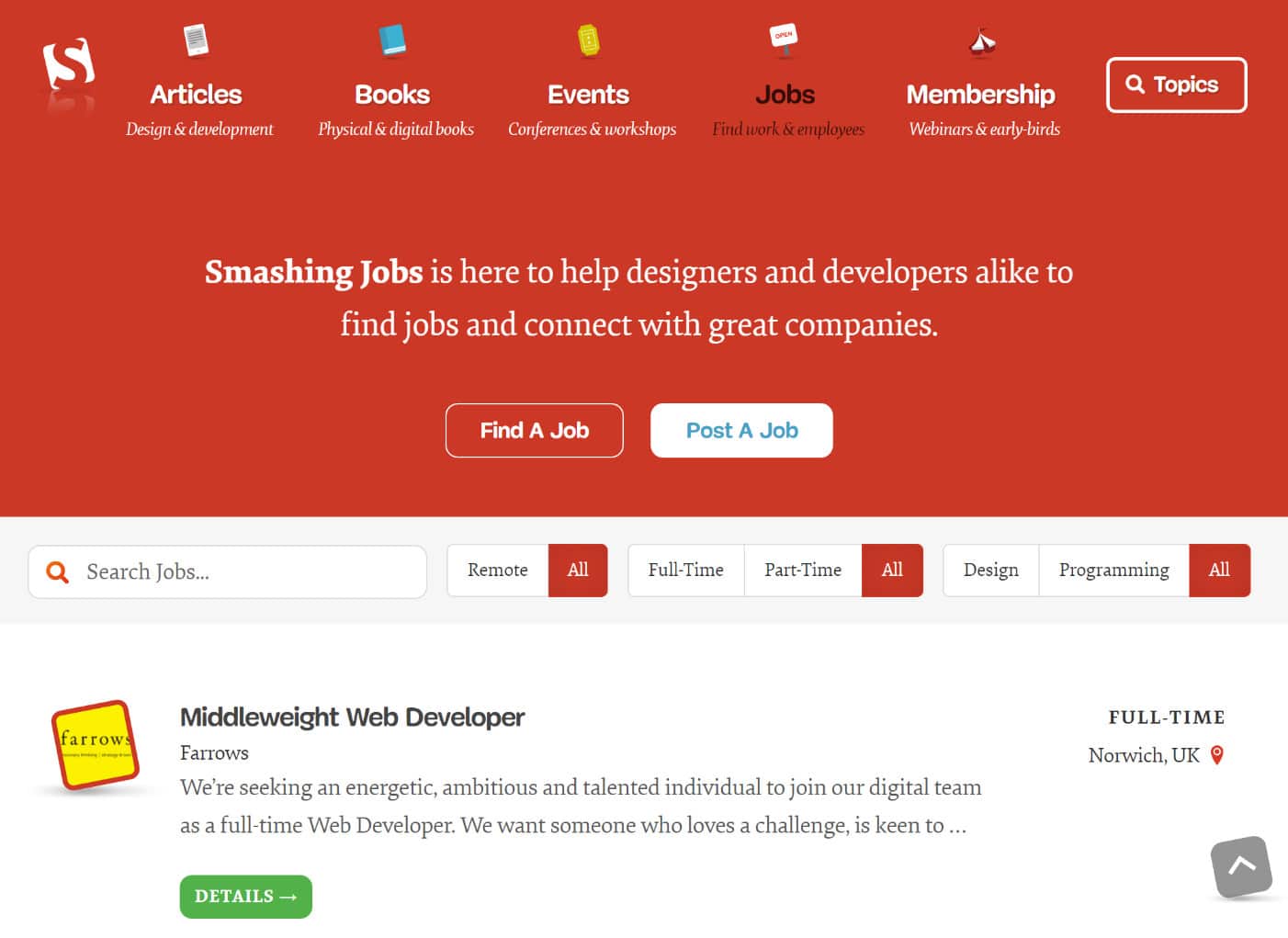 WordPress job listings at Smashing Magazine